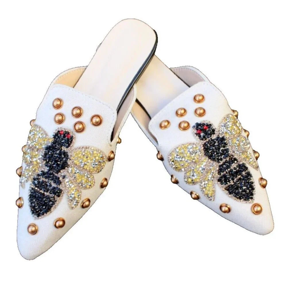Bumble Bee Print Slip-On Loafers Sparkling Rhinestones & Pearl Embellishments